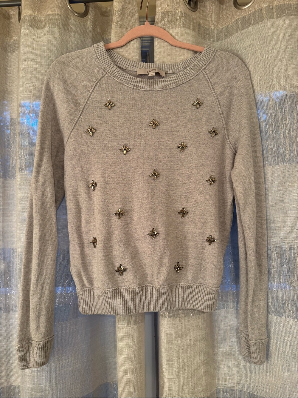 LOFT Embellished Crewneck Sweater in Gray Size Small
